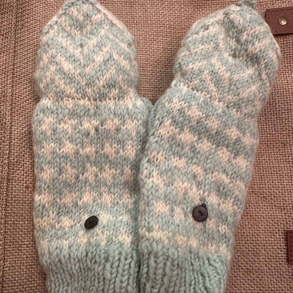 French Knot Hand Knit In Nepal Aqua Blue - Cream Convertible Wool Mittens - Picture 2 of 5